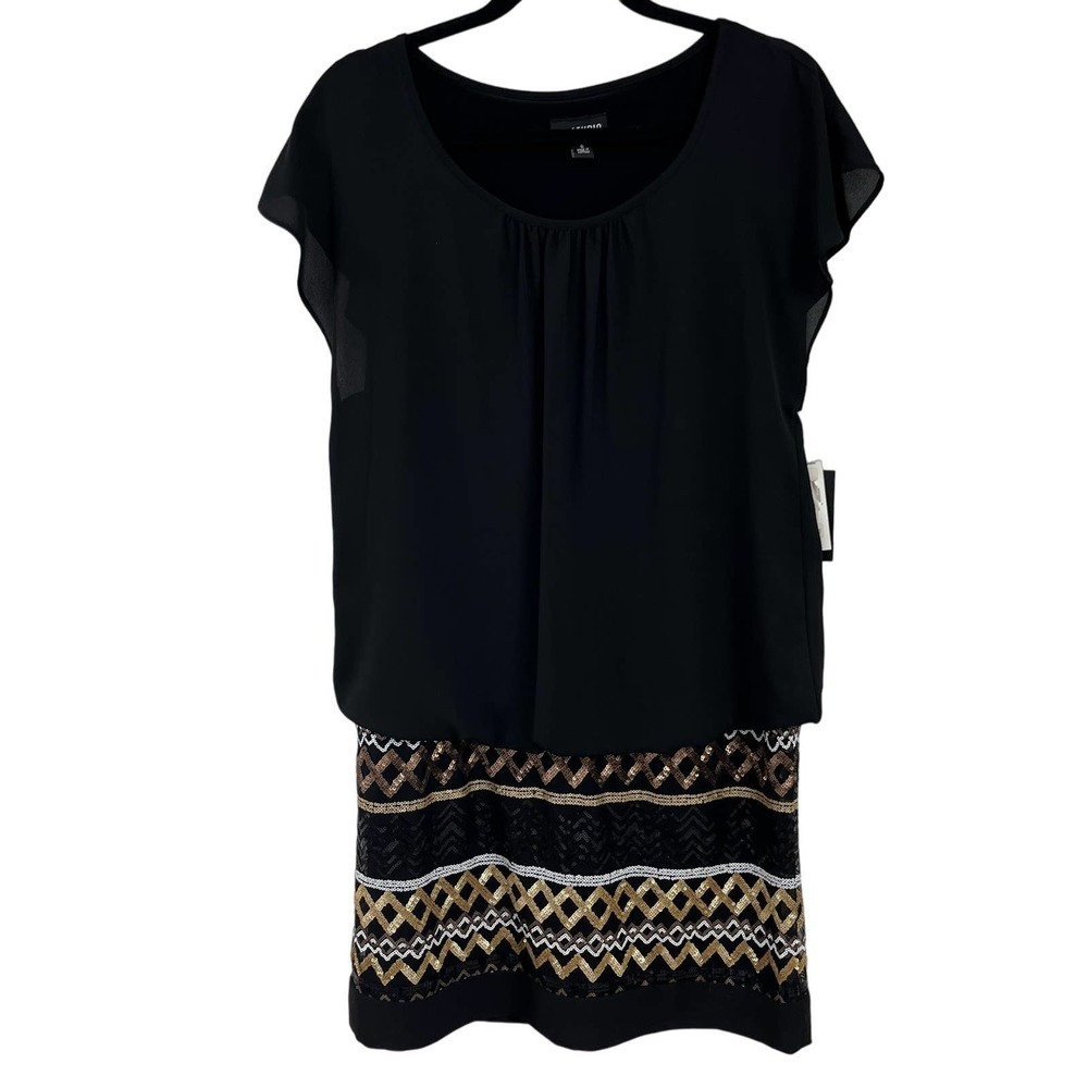 NWT I.N. Studio Black Gold Sequin Drop Waist Dress 6